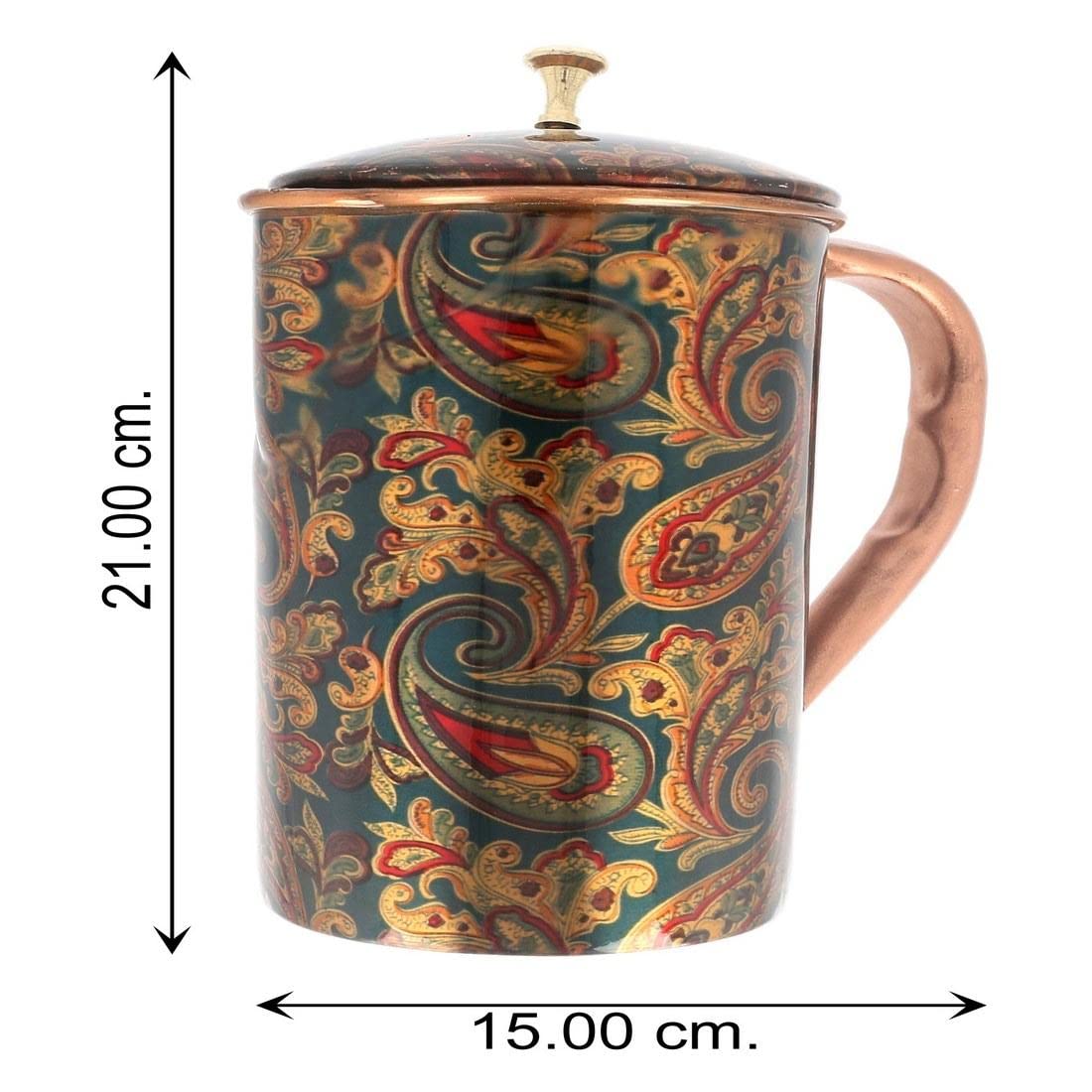 JaipurCrafts Pure Copper Modern Art Printed and Outside Lacquer Coated Jug, Travelling Purpose, Yoga Ayurveda Healing, 1200 ML Jug with 2 Glasses