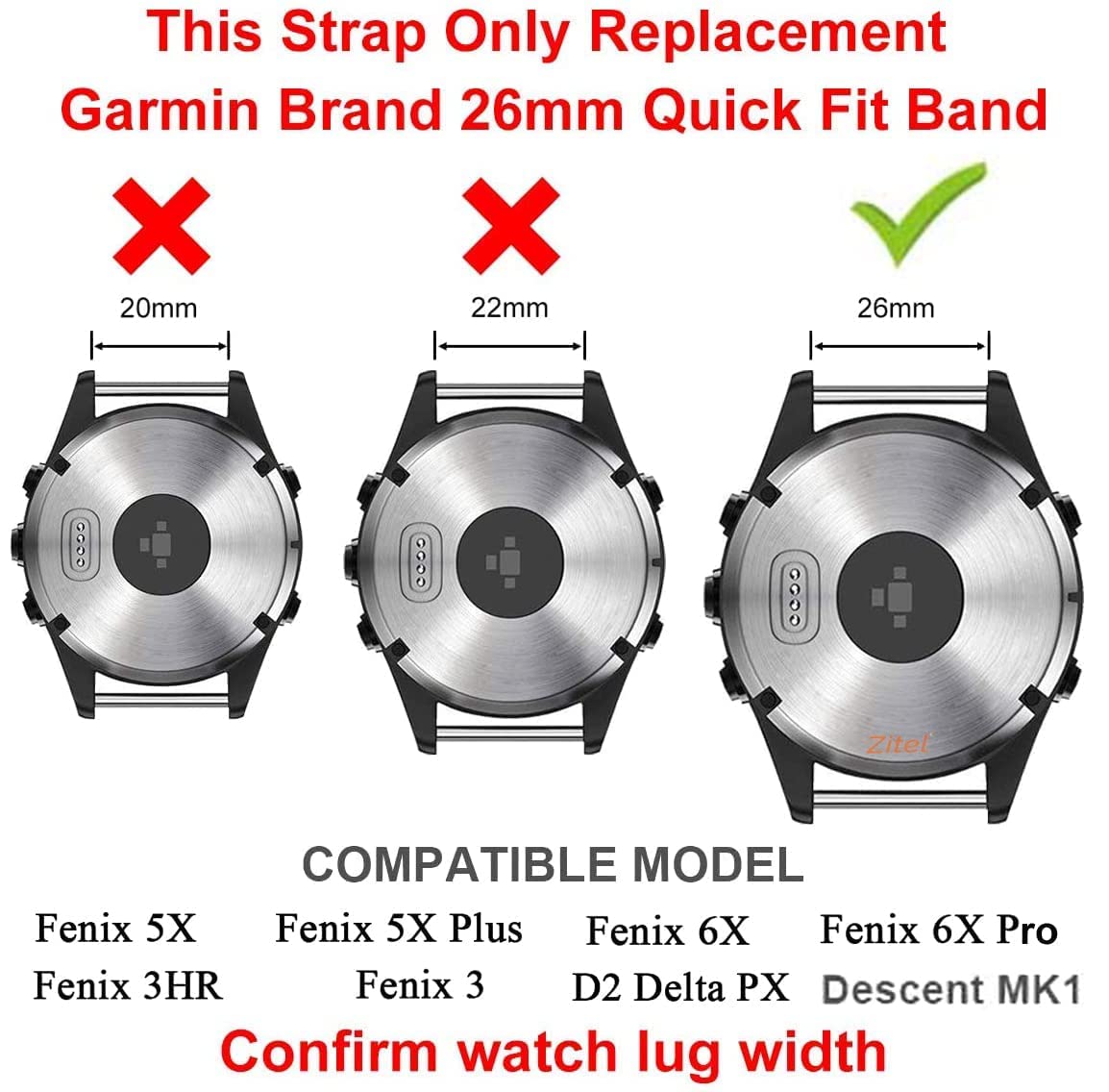 Zitel Band for Fenix 8 51mm, 7X/7X Pro, 6X/6X Pro, 5X/5X Plus, 3/3 HR, Descent MK1, Enduro, Leather Integrated Silicone Strap 26mm - Brown