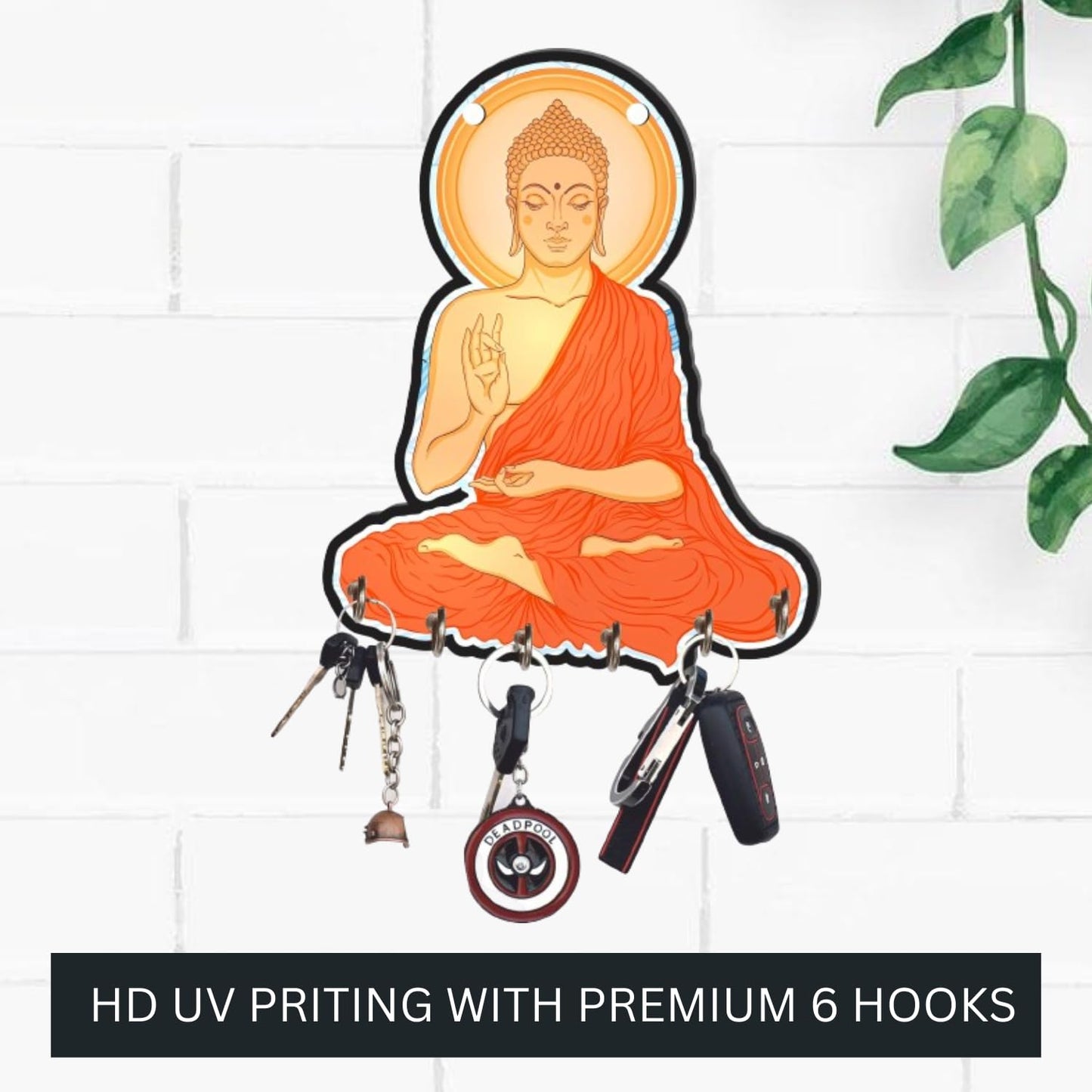 JaipurCrafts Premium Sitting Meditating Gautam buddha Printed Wooden key holder for home and office decor, keychain holder for home (multi, 9 inches)