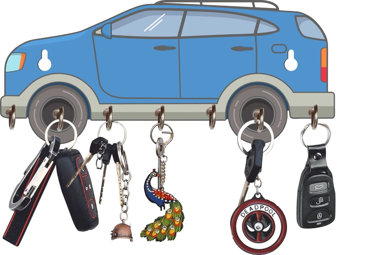 Webelkart Premium HD UV Printed Retro SUV Shaped Keys Wooden Key Holder (12 Inch x 5 Inch, Wood, Multicolor)- 7 Hooks