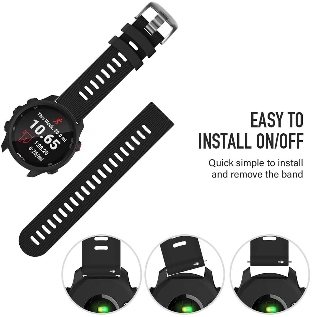 Zitel Bands for Garmin Forerunner 165/245/645, 55/158, Vivoactive 6/5/3/3S, Venu Sq/Sq 2, Venu 2 Plus, 20mm - Black
