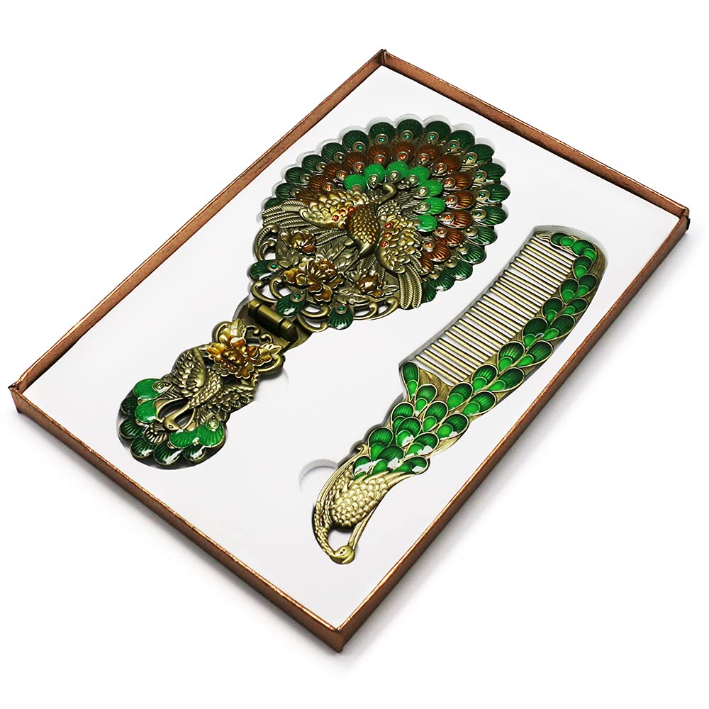 Webelkart Premium Handwork Peacock Hand Mirror with Comb Set Personal Makeup for Women/Girl Salon Mirror & Decorative Antique Item Women Gift Item (Multicolour)
