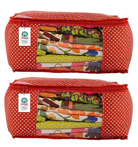 JaipurCrafts Quilted Polka Dots Cotton Saree Cover Set/Saree Storage Bag, (40 x 30 x 20 cm)-Pack of 2 (Cotton-Red)