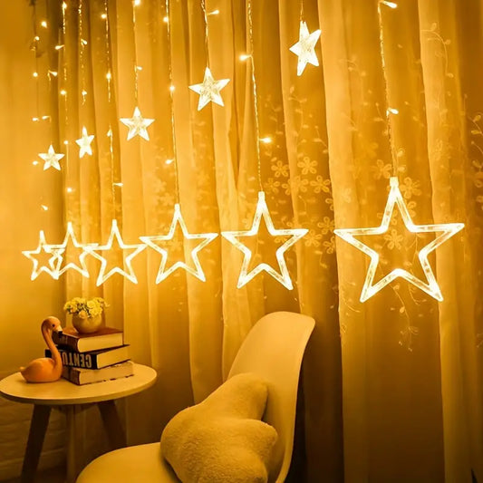 6 Small 6 Big LED Hanging Star Lights – Window Curtain String for Festivals & Decor