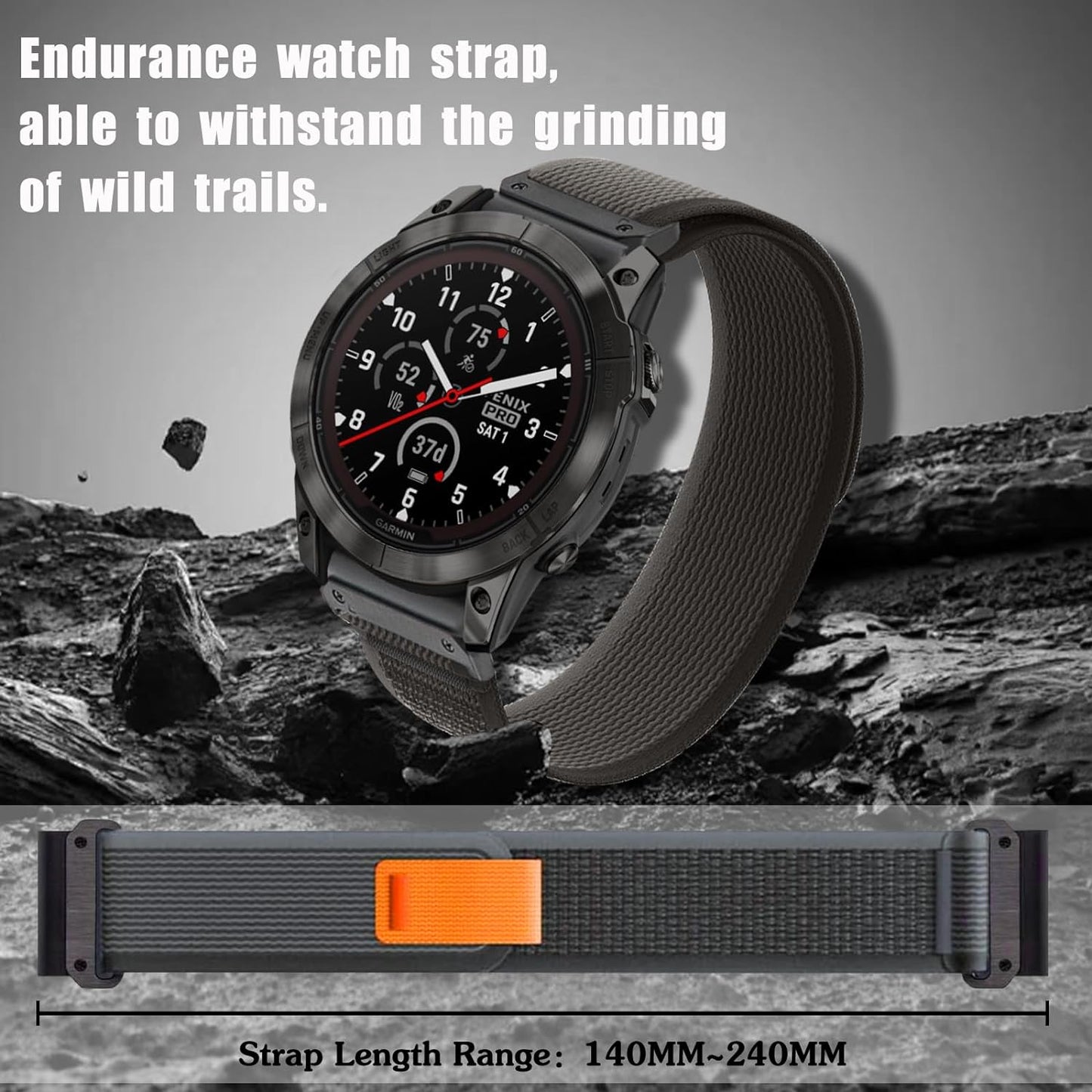 Zitel Band for Garmin Fenix 8 47mm, 7/7 Pro, 6/6 Pro, 5/5 Plus, Epix Pro/Gen 2 47mm, Forerunner 965/955/945/935, Nylon 22mm Sports Strap - Black / Grey
