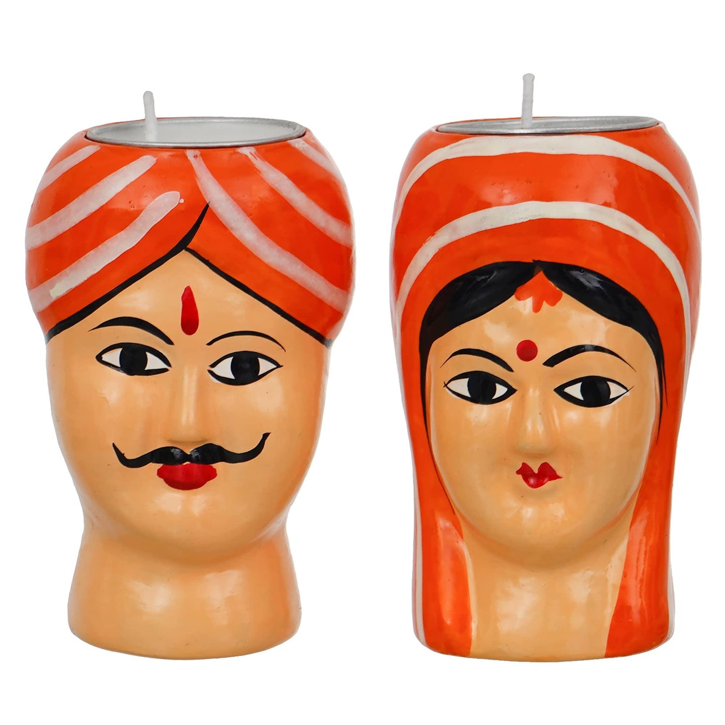 Webelkart Premium Handmade Kaka Kaki Rajasthani Couple Tealight Candle Holder for Home | Kaka kaki face Tealight Holder for Diwali Decoration
