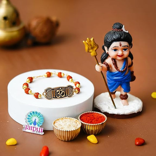 Webelkart Premium Rudraksha Rakhi for Brother Gift Combo - Little Baal Shiv Idol Murti For Home Decor, Rakhis Combo for Rakshabandhan With Greeting Card and Roli Chawal
