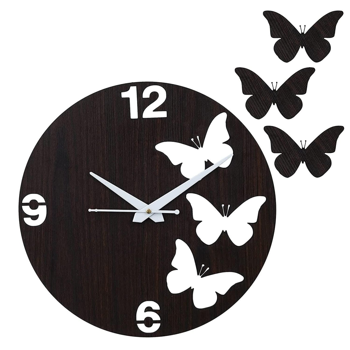 Webelkart Premium Butterflies Wooden Wall Clock for Home and Office Decor| Three Outer Butterflies Wall Clock for Bedroom,Living Room| (12 Inches, Brown)