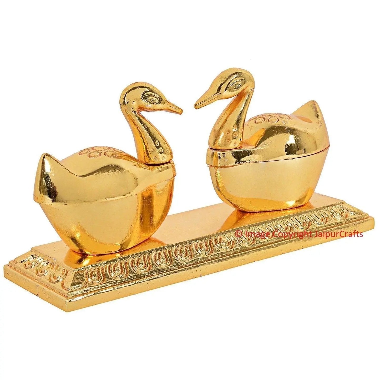 JaipurCrafts Zinc Roli-Chandan, Chawal-Akshat-Haldi, Kumkum Box with Loving Bird Duck Pair Chopda, 11x6x3cm(Gold)
