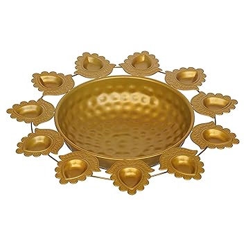 JaipurCrafts Premium Flower Diya Shape Gold Polish Decorative Urli Bowl for Home and Office Decor/Urli tealight Candle Holder/Diwali Decorations Items for Home Decor (14 Inches, Gold)