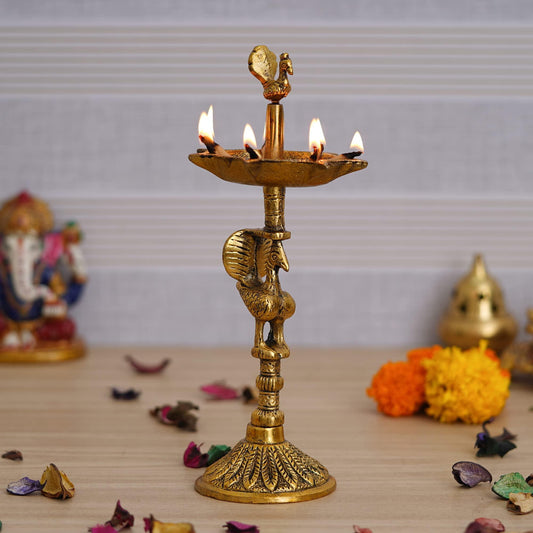 JaipurCrafts Premium Peacock Indian Traditional Metal Table Deepak Samay Diya Oil Diwali Puja Lamp, Golden- 10 Inches