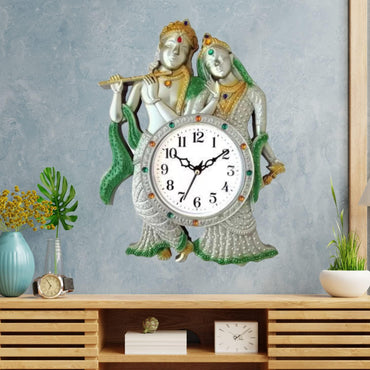 Webelkart Premium Radhe Krishna Playing Flute Unique Style Plastic Analog Wall Clock for Home and Office Decor| Wall Clock for Living Room( 13 in, Green)