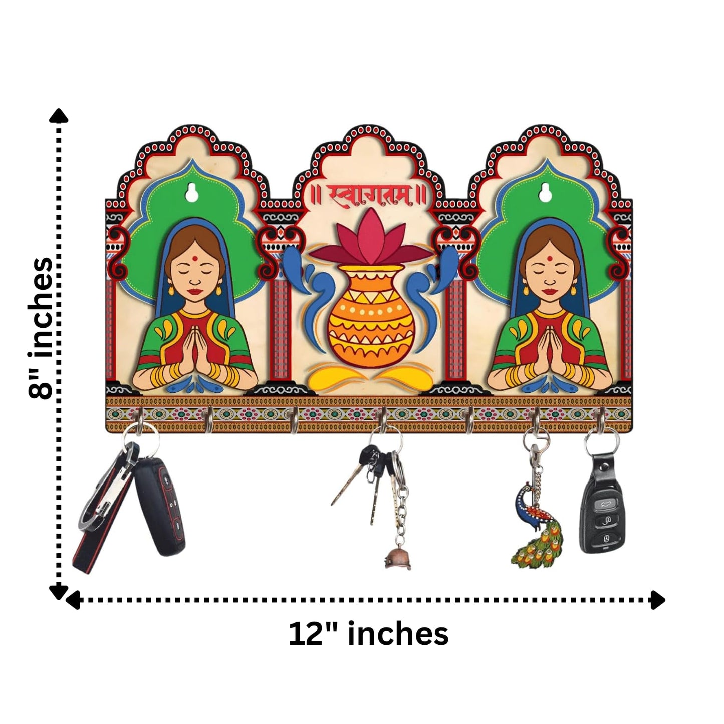 Webelkart Premium HD UV Rajasthani Print Wooden Key Holder for Home/Office Decor-Keychain Holder for Wall Decor, Wall Decor Key Holder,Home Decor Item (12x 8 Inches)