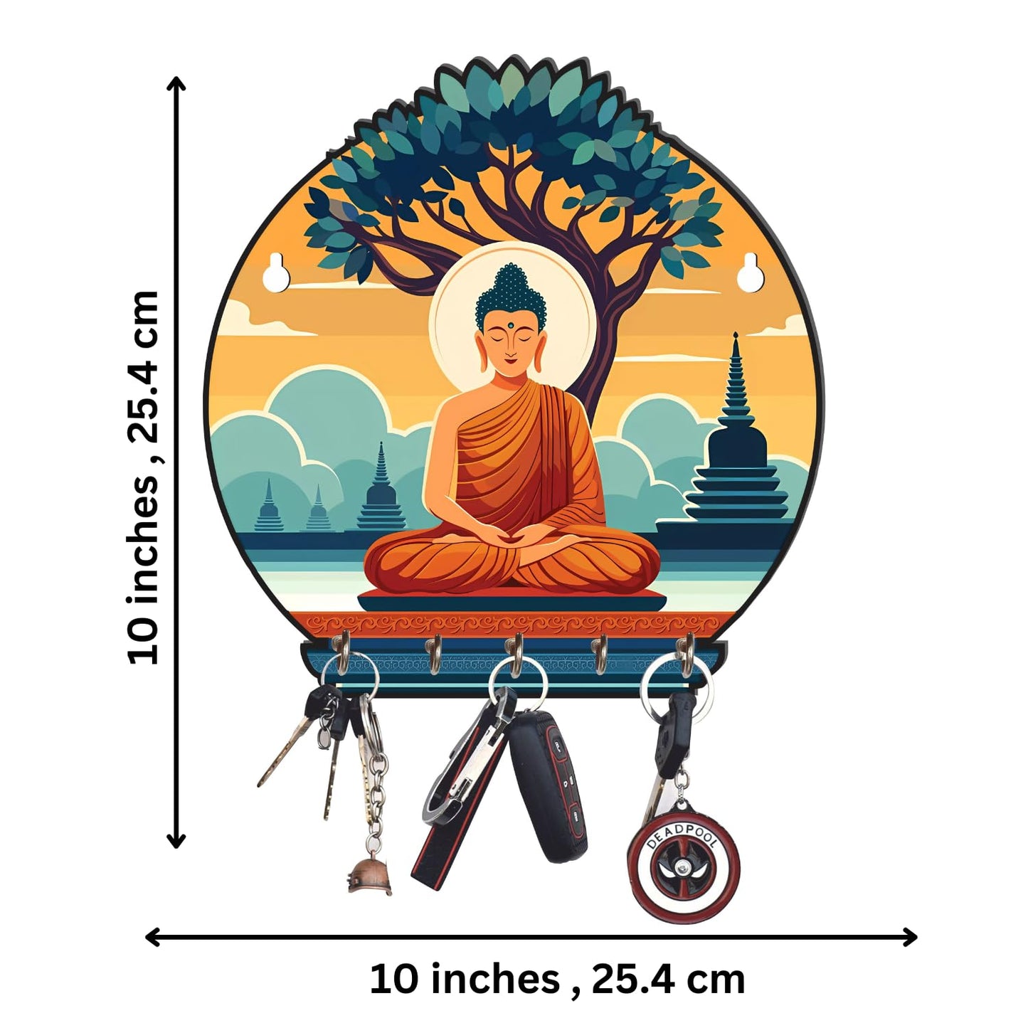 JaipurCrafts Premium Meditating Gautam Buddha Printed Wooden key holder for home and office decor (Multi, 10 inches)