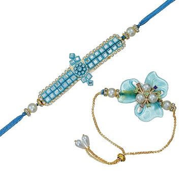 Webelkart Premium Set of 3 Multicolor Flower, Beads, Pearls Designer Rakhis with Magnet And Roli Chawal Pack Gift For Bhaiya Bhabhi,Lumba Rakhi For Bhabhi, Couple Gift Set