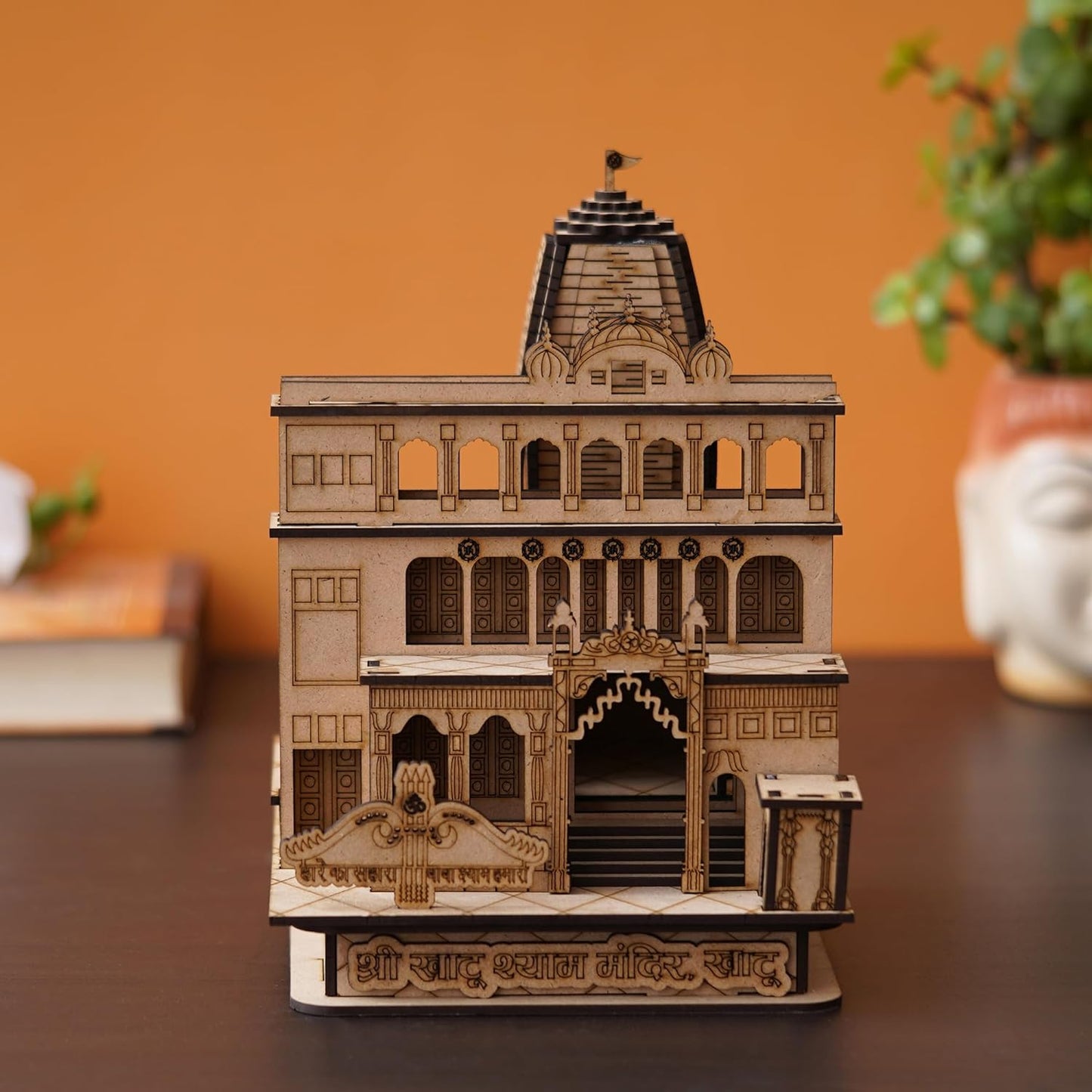 Webelkart Premium Khatu Shyam Ji Wooden Temple for Home Decoration car Dashboard Wooden Temple for Office - Khatu Shyam Mandir Model (8.66" Inches) (Brown Finish)