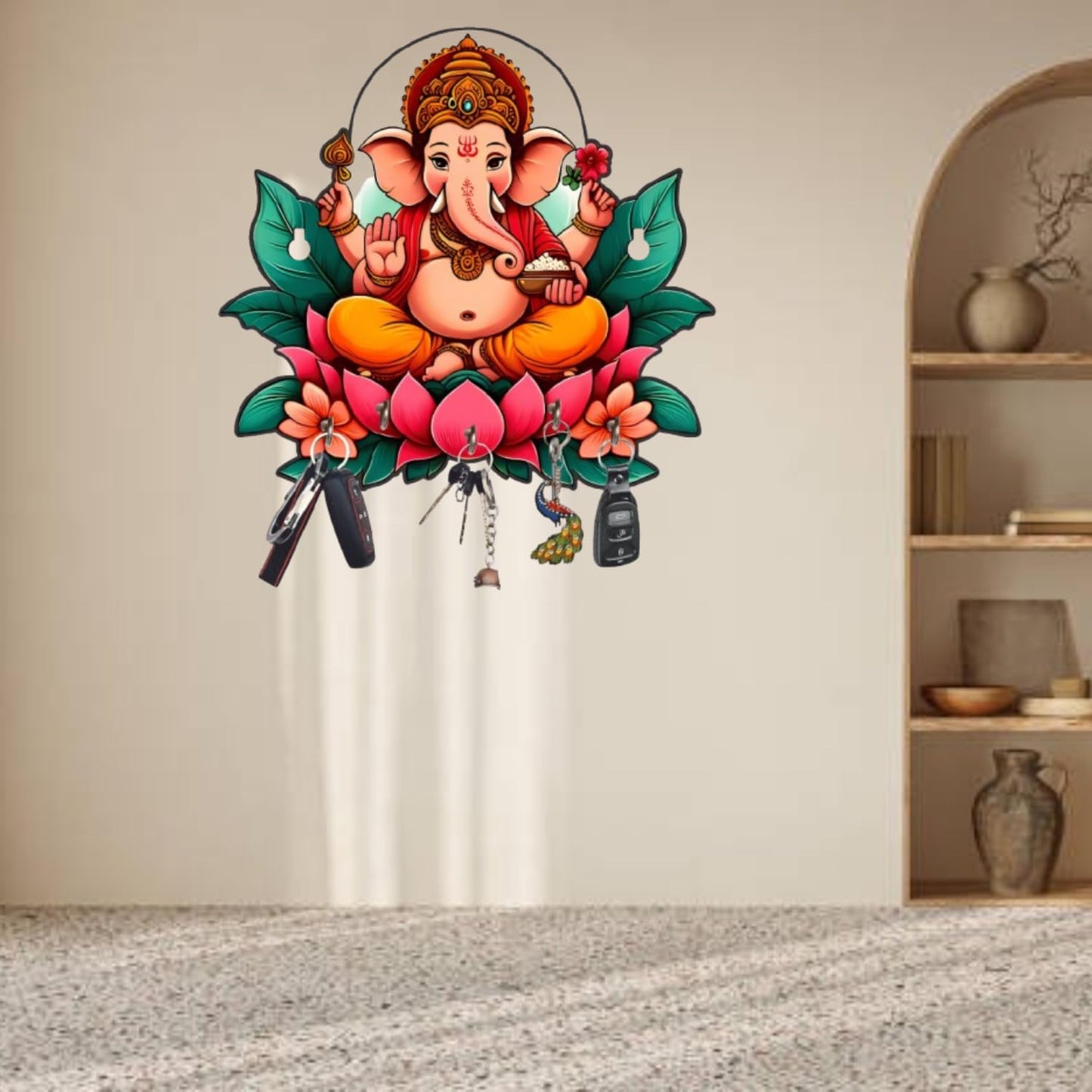 Webelkart Antique Printed Wooden Ganesha Key Holder for Home/Office Decor, Key Hanger for Wall Decor,Key Holder for Home Decor,Key Chain Holder (10" Inches)