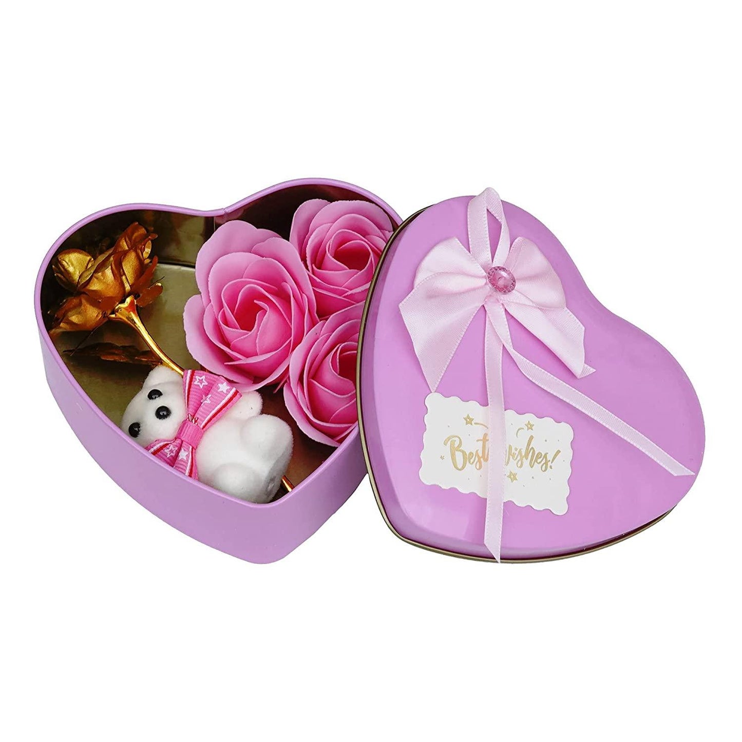 Webelkart®Premium Valentine Heart Shape Box with 3 Pink Roses,1Teddy and 1 Artificial Gold Rose and White Plastic Cycle with Teddy Bear and Rose Petals Gift Box (Sky Blue) for Valentine's Gift