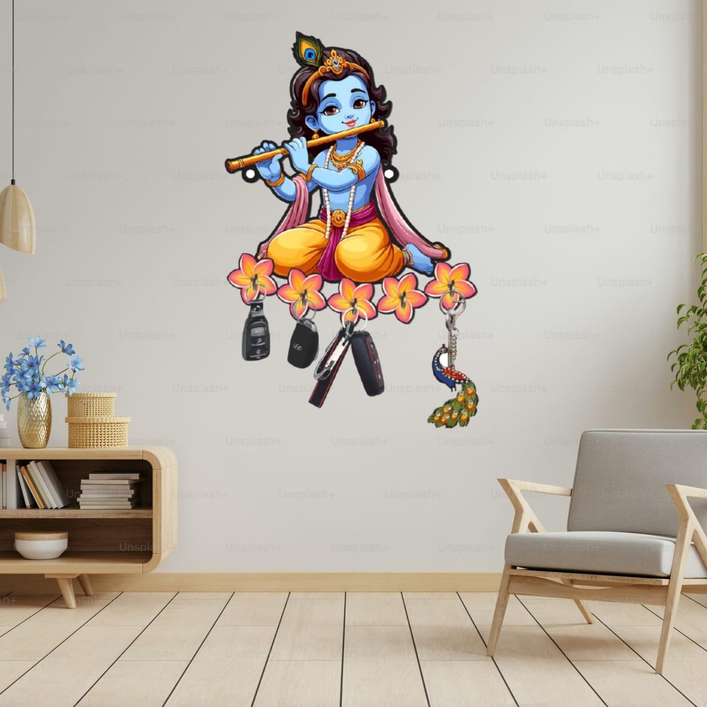 Webelkart Premium Wooden Key Holder for Home/Office Decor/Key Hanger for Wall Decor,Decorative Item for Home (Krishna Playing Flute)