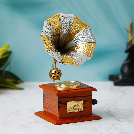 JaipurCrafts Premium Rajasthani Antique Vintage Sparkle Square Brass Gramophone Showpiece for Home Decor |Gift Item for Home and Living Room - Table Decor Item (9.5" Inches)