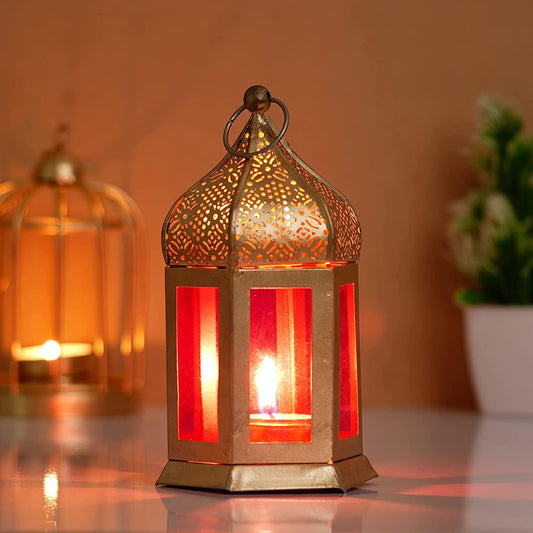 Webelkart Premium Moroccan Gold, Orange Color Metal Iron Lantern Tea Light Holder with Free Tealight Candle Holder for Home | Tealight Candle Holders for...