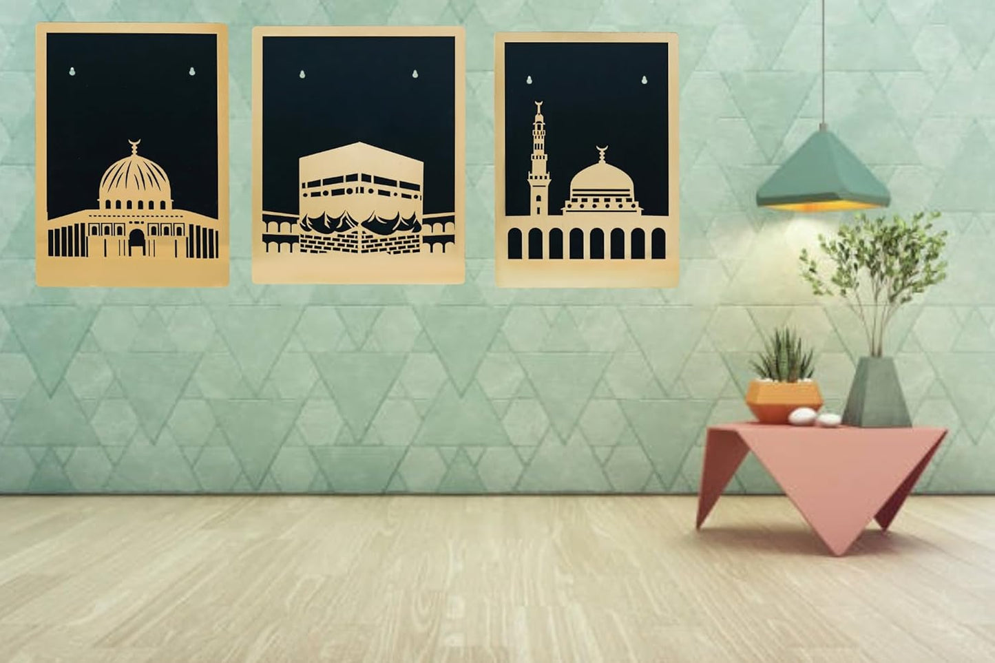 Webelkart Premium Set Of 3 Laser Cut Wooden Islamic Wall Art, Wall Hanging For Home/Office Decor,Muslim Wall Art For Living Room Decor,Masjid Al Aqsa,Masjid An-Nabawi,Masjid Al Kaaba