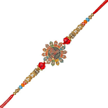 Webelkart Premium Rakhi for Brother with Gift - Set of 1 Designer Rakhi With Set of 4 Miniature Buddha Monk Figurines Showpiece For Home With Chawal And Greeting Card