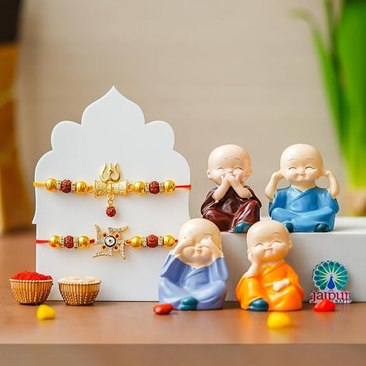 Webelkart Set of 2 Evil Eye and Shiva Designer Rakhi for Brother Bhabhi with Gift -Set of 4 Miniature Buddha Monk Showpiece For Car dashboard ,Rakhi Gift for Bhaiya and Bhabhi With Chawal And Greeting Card