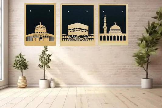 Webelkart Premium Set Of 3 Laser Cut Wooden Islamic Wall Art, Wall Hanging For Home/Office Decor,Muslim Wall Art For Living Room Decor,Masjid Al Aqsa,Masjid An-Nabawi,Masjid Al Kaaba