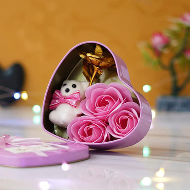 Webelkart®Premium Valentine Heart Shape Box with 3 Pink Roses,1Teddy and 1 Artificial Gold Rose and White Plastic Cycle with Teddy Bear Gift Box (Red) Valentine's Gift for Girlfriend/Boyfriend
