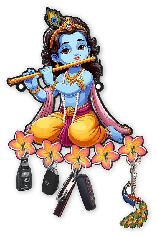 Webelkart Premium Wooden Key Holder for Home/Office Decor/Key Hanger for Wall Decor,Decorative Item for Home (Krishna Playing Flute)