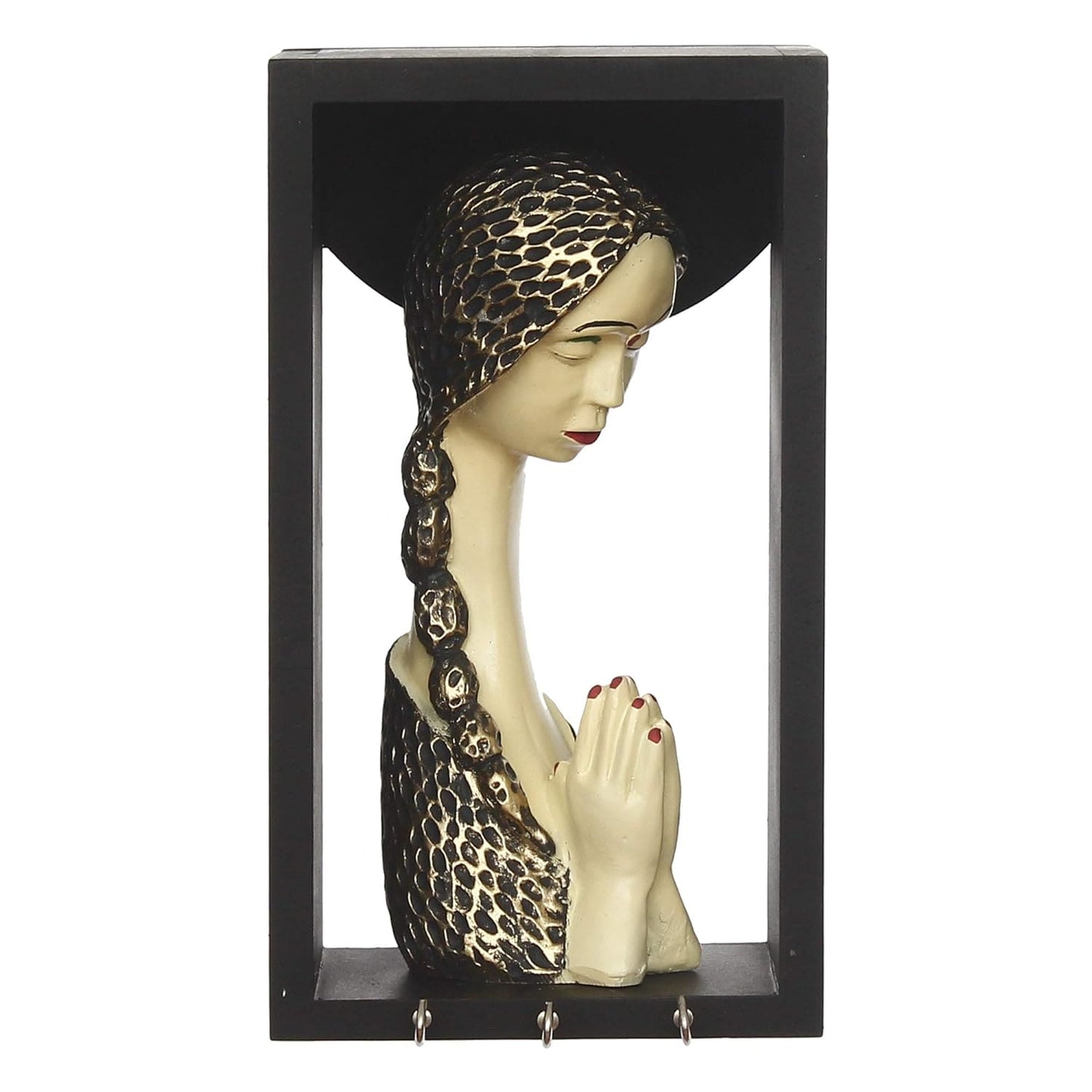 JaipurCrafts Beautiful Welcome Lady statue Showpiece Figurine with Wooden Shelf and Key Hanger for Home| Key Holder for Home and Office Decor (9.50" X 4.00" X 5.00") (Gold & White, Polyresine, Wood- welcome lady statue online