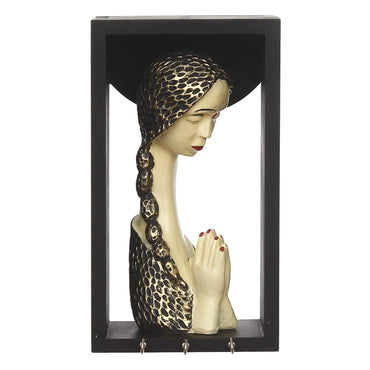 JaipurCrafts Beautiful Welcome Lady statue Showpiece Figurine with Wooden Shelf and Key Hanger for Home| Key Holder for Home and Office Decor (9.50" X 4.00" X 5.00") (Gold & White, Polyresine, Wood- welcome lady statue online