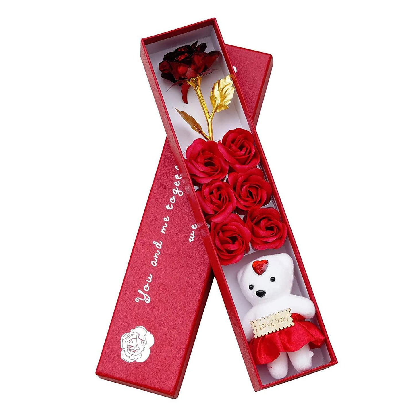 Webelkart®️ Premium Valentine Gift Combo of Rose Box with 24k Red Golden Rose with 1 Love Massage Letter Glass Bottle-Pack of 7