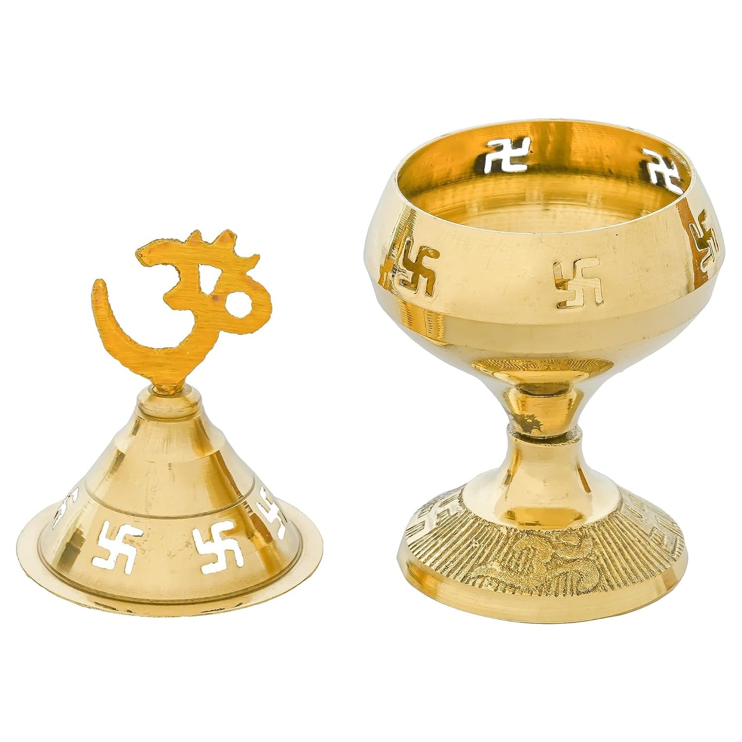 Webelkart Premium Brass swastik and om akhand Diya with Cap for Diwali Decor |Oil Puja Lamp for Aarti Diya|Deepak Oil Lamp for Home Decor Temple Pooja Articles( Brass 4.72" Inhes ) Diwali Decor Item