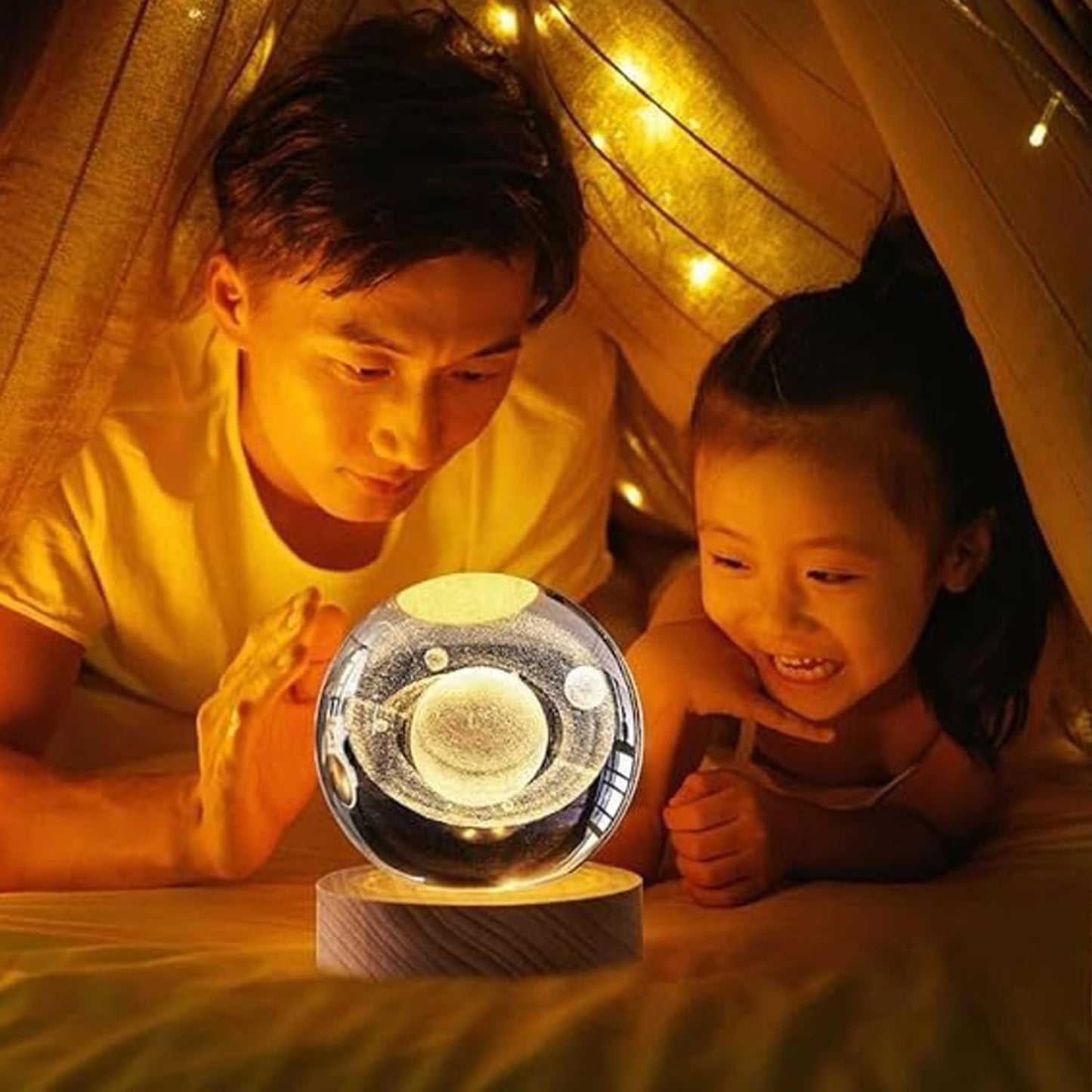 Webelkart Premium Saturn 3D Crystal Moon Light Ball Night Light with Wooden Base,Night Light with USB,LED Lamp 3D Crystal Moon Lamp with Warm White Dimmable LED Diwali Decor Item(3" Inches)