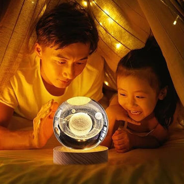 Webelkart Premium Saturn 3D Crystal Moon Light Ball Night Light with Wooden Base,Night Light with USB,LED Lamp 3D Crystal Moon Lamp with Warm White Dimmable LED Diwali Decor Item(3" Inches)