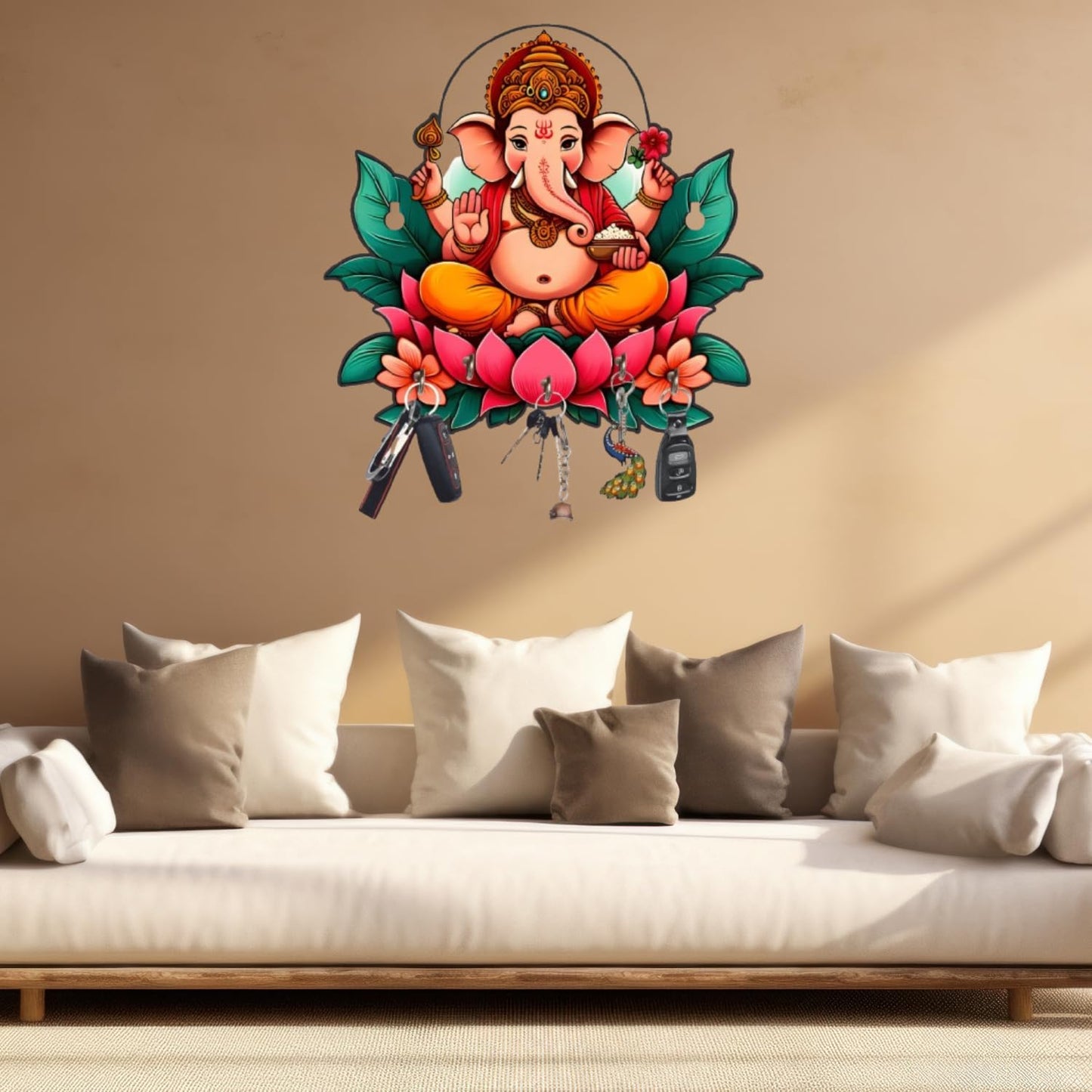 Webelkart Antique Printed Wooden Ganesha Key Holder for Home/Office Decor, Key Hanger for Wall Decor,Key Holder for Home Decor,Key Chain Holder (10" Inches)