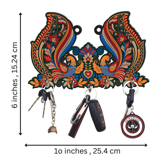 JaipurCrafts Premium Peacock Shape Printed Wooden key holder for home and office decor (Multi, 10 x 6 inches)