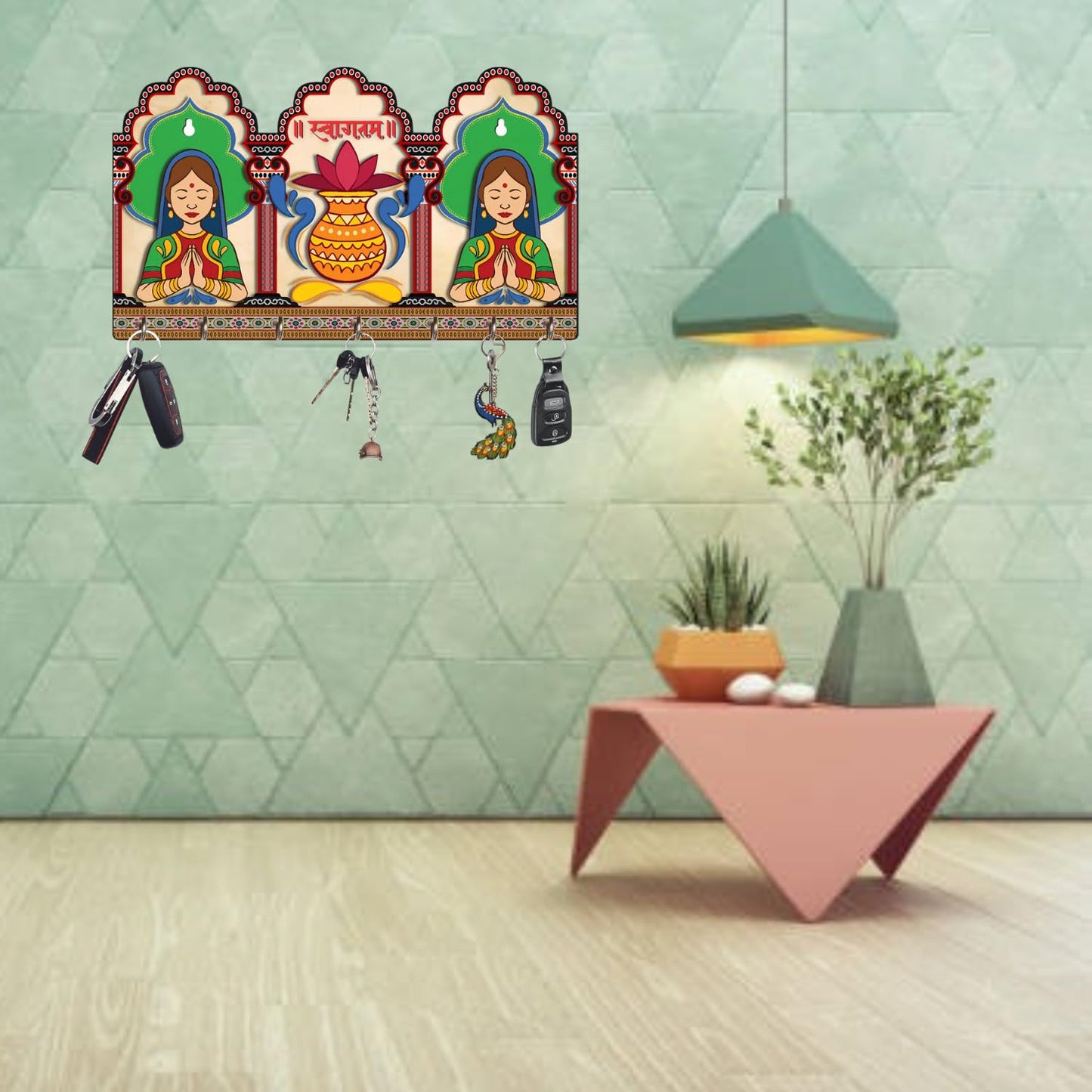 Webelkart Premium HD UV Rajasthani Print Wooden Key Holder for Home/Office Decor-Keychain Holder for Wall Decor, Wall Decor Key Holder,Home Decor Item (12x 8 Inches)