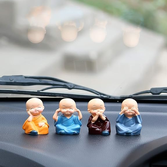 Webelkart Antique Evil Eye Designer Set of 3 Rakhi for Brother Bhabhi with Gift -Set of 4 Miniature Buddha Monk Figurines Showpiece For Car dashboard ,Rakhi Gift for Bhaiya and Bhabhi With Chawal And Greeting Card