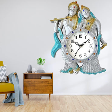 Webelkart Premium Radhe Krishna Playing Flute Unique Style Plastic Analog Wall Clock for Home and Office Decor| Wall Clock for Living Room( 13 in, Silver)