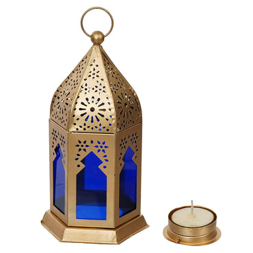 Webelkart Premium Moroccan Gold, Blue Color Metal Iron Lantern Tea Light Holder