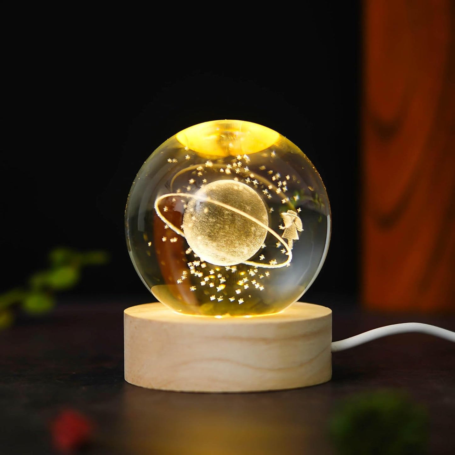 Webelkart Antique Big Moon Fairy 3D Crystal Ball Night Light with Wooden Base,Night Light with USB,LED Lamp 3D Crystal Moon Lamp with Warm White Dimmable LED Diwali Decor Item(3" Inches)