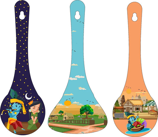 JaipurCrafts Premium Gokul Krishna Culture Wooden Wall Hanger Spoons for Home | Office | Living Room | Gift | Modern Decoration Items | Kitchen Wall Decor | Home Decor Hanging Items- Set of 3