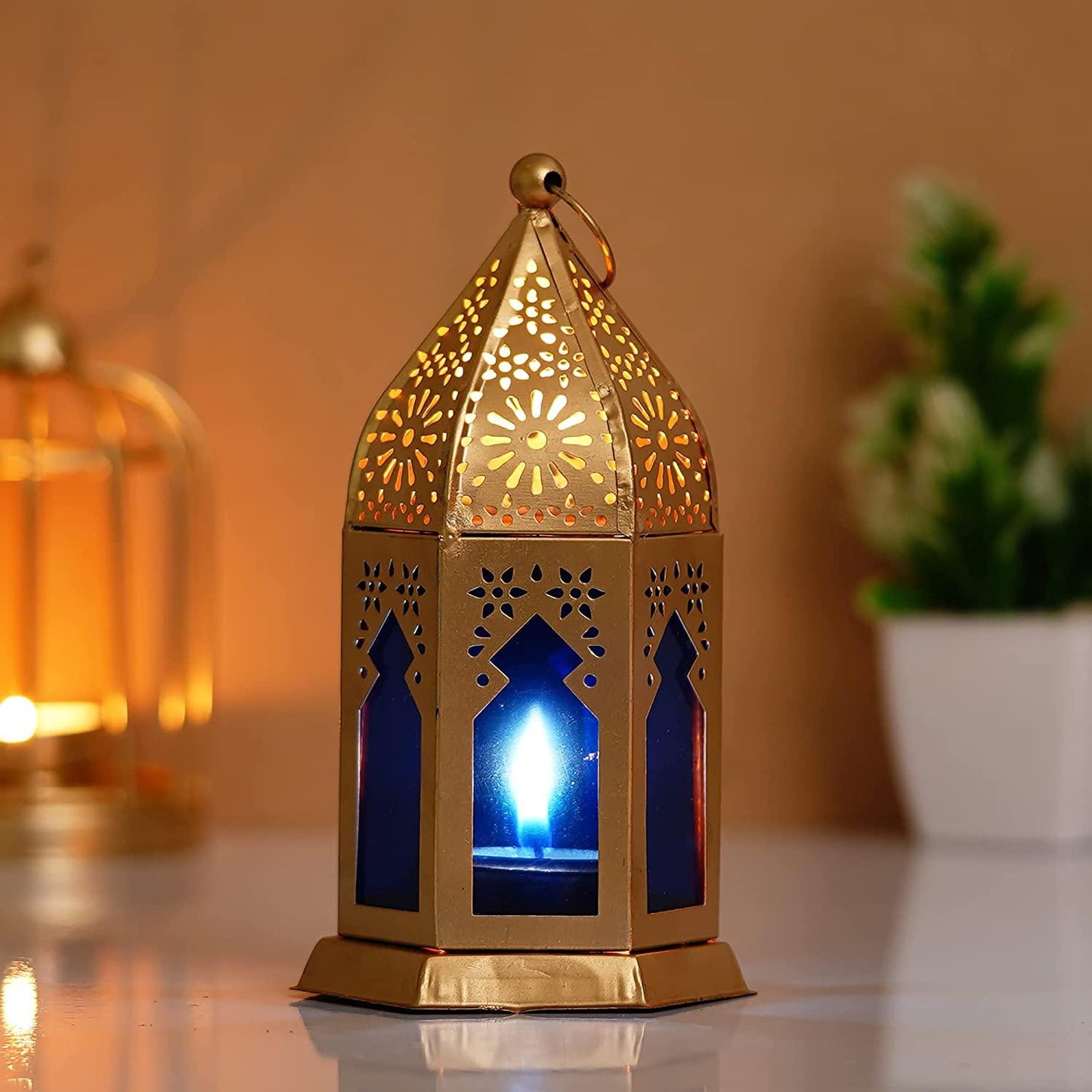 Webelkart Premium Moroccan Gold, Blue Color Metal Iron Lantern Tea Light Holder