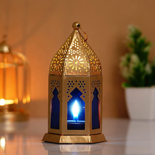 Webelkart Premium Moroccan Gold, Blue Color Metal Iron Lantern Tea Light Holder