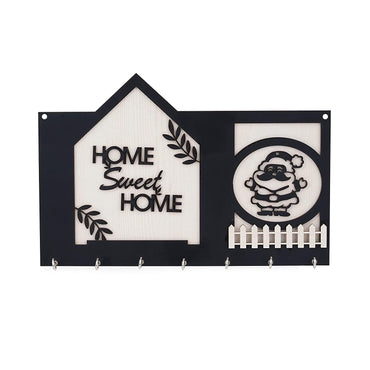 Webelkart Premium Home Sweet Home with Santa Claus Wood Key Holder for Home,Christmas Decoration and Gift Items for Home Decor ( 12 x 8, 7 Hooks)