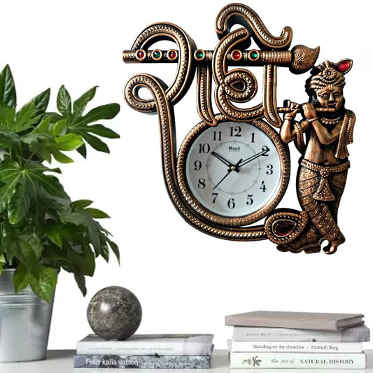 JaipurCrafts Premium Radhe Krishna Unique Style Analog Wall Clock for Home Decor (38 cm X 35 cm X 2 cm, Wooden Color)
