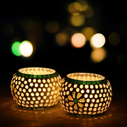 JaipurCrafts Set of 2 Mosaic Glass TeaLight Votive Candle Holder with Tea Light Candles for Living Room Home Decor Indoor Outdoor Decorations (Multicolor, Glass)
